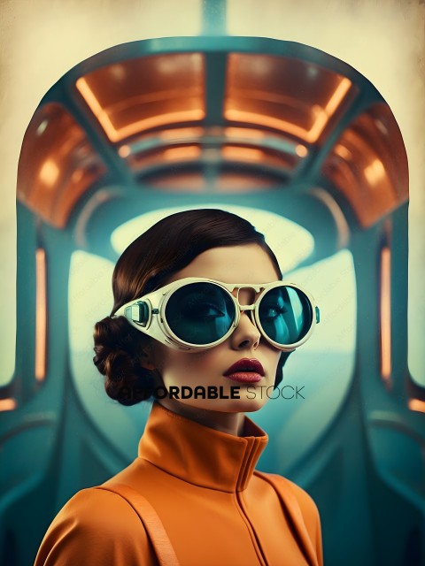 A woman wearing a futuristic outfit with sunglasses