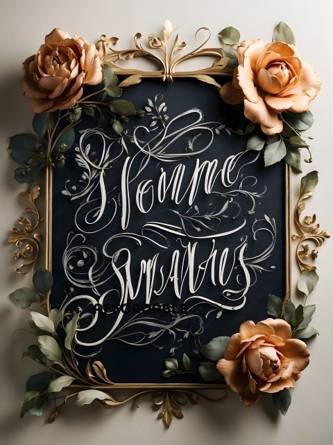 A black chalkboard with a floral border and the word "Hommage" written in cursive