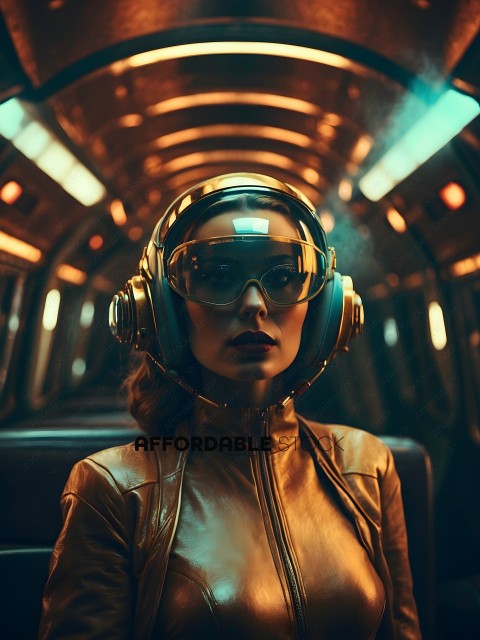 A woman wearing a futuristic headset and leather jacket