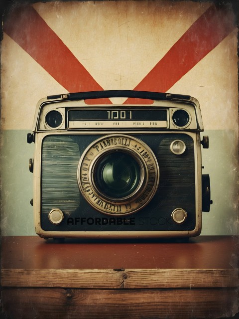 An old fashioned camera with a red and white background
