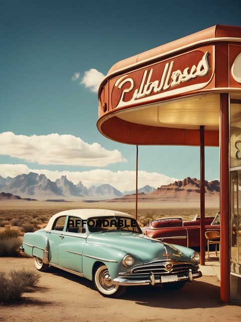A vintage blue car parked in front of a vintage diner