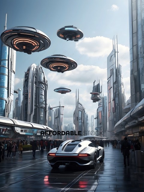 Futuristic City with Alien Spaceships and People