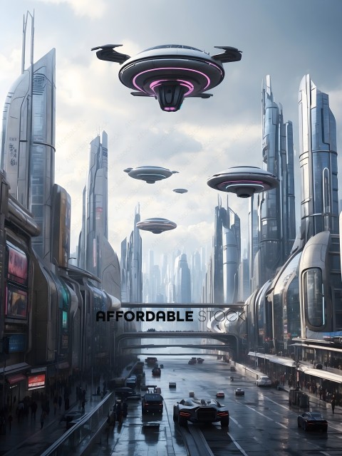 Futuristic Cityscape with UFOs and Aliens