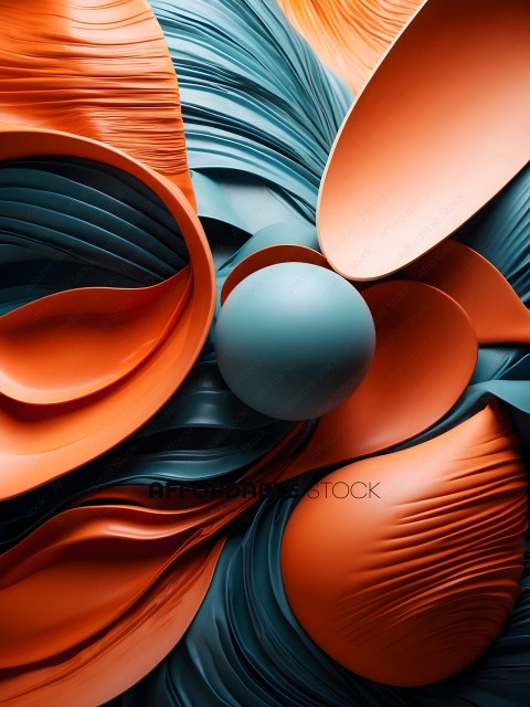 A colorful abstract art piece with a blue ball in the center