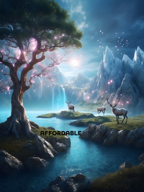 A painting of a mountain scene with a waterfall and three deer
