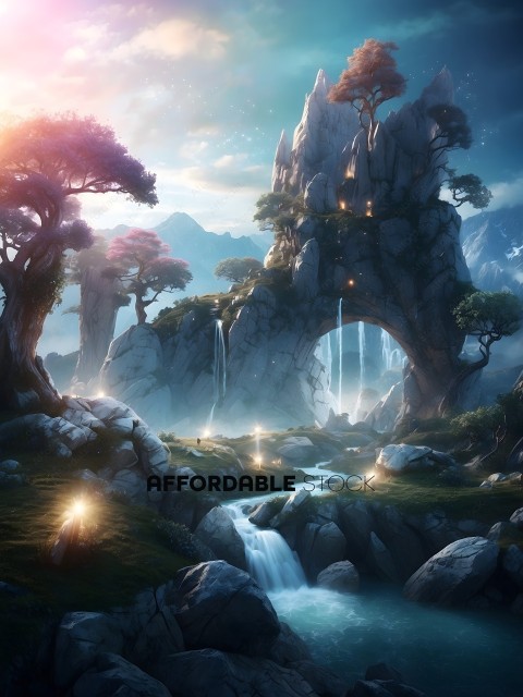 A fantasy landscape with a waterfall and a rock formation