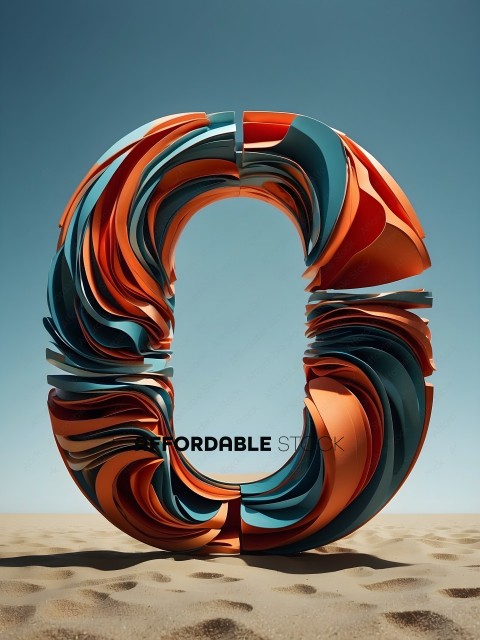 A large, colorful, abstract sculpture of a letter "O" in a desert setting