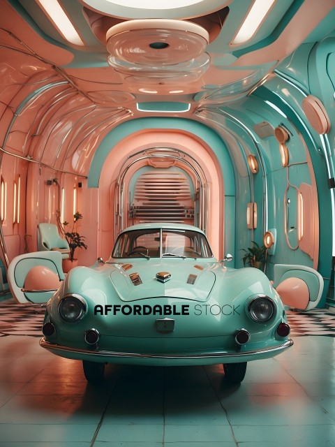 A vintage car in a futuristic setting