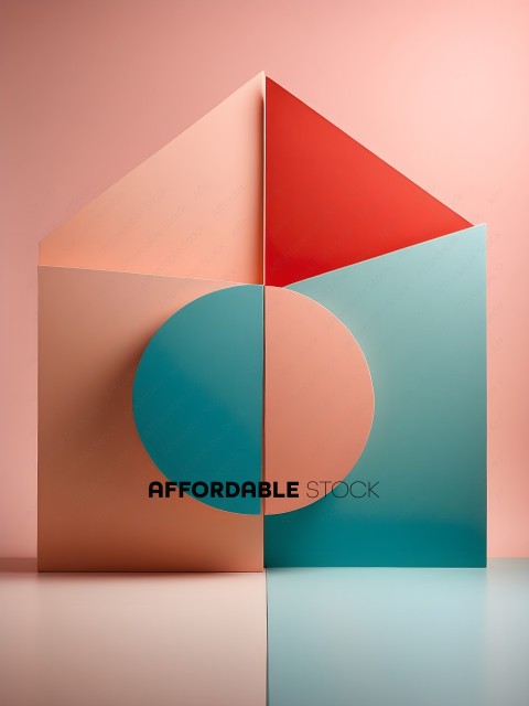 A red, blue, and pink geometric shape