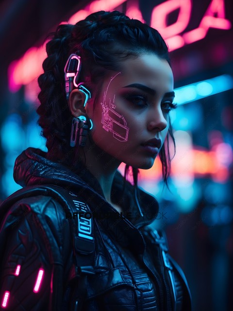 A woman with a futuristic look wearing a leather jacket