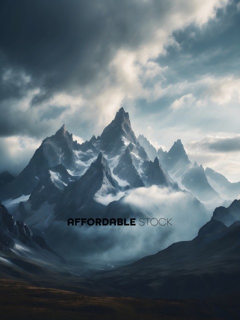 A mountain range with clouds and fog