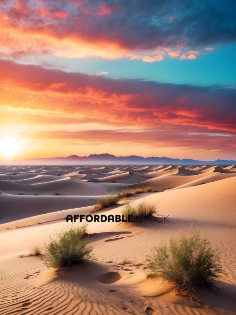 A beautiful sunset in the desert with a field of dunes