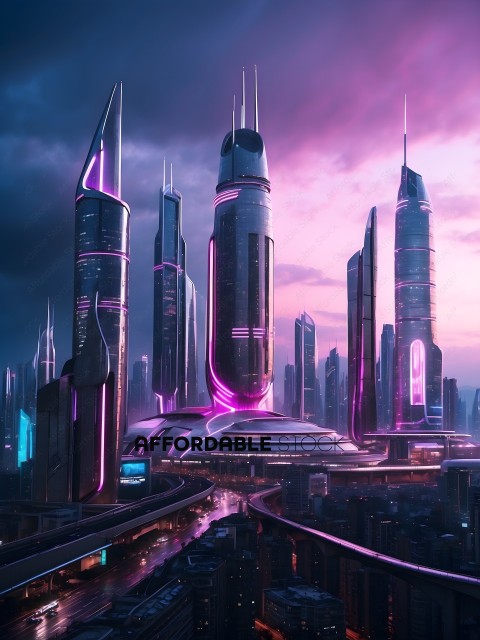 Futuristic Cityscape with Pink and Purple Lights