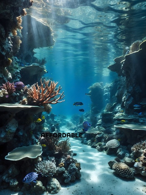 A colorful underwater scene with a blue fish