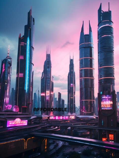 A futuristic cityscape with a pink skyline