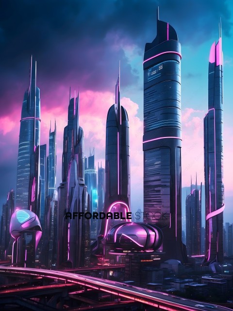 Futuristic Cityscape with Pink and Purple Clouds