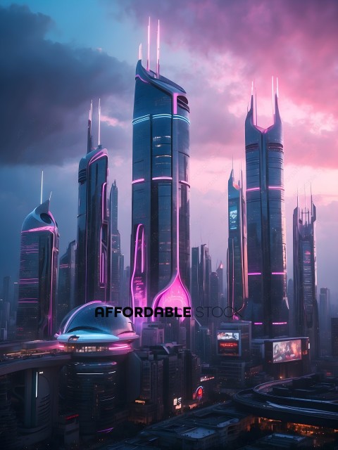Futuristic Cityscape with Pink and Purple Lights