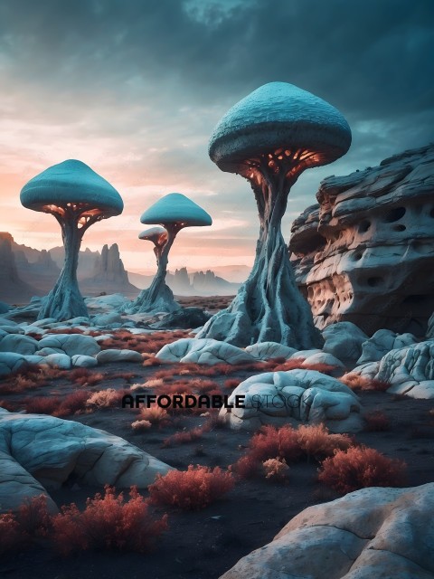 Three mushrooms in a desert landscape