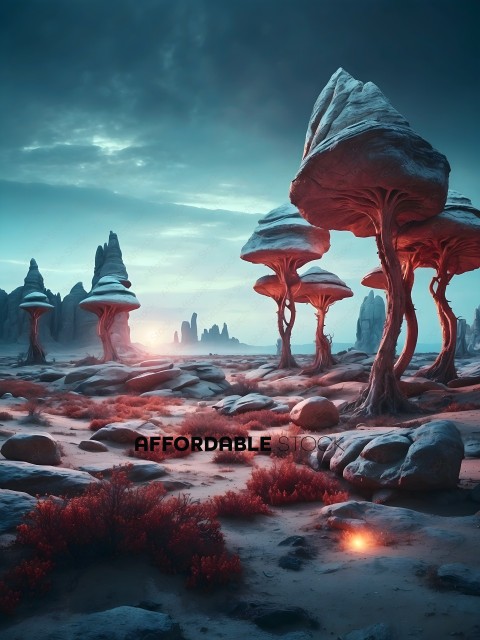 A group of mushrooms in a desert landscape