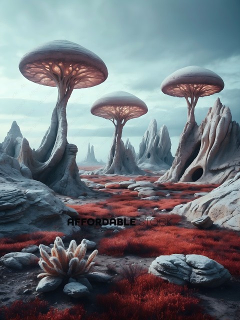 A group of mushrooms in a desert landscape