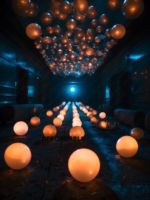 A row of glowing balls hangs from the ceiling