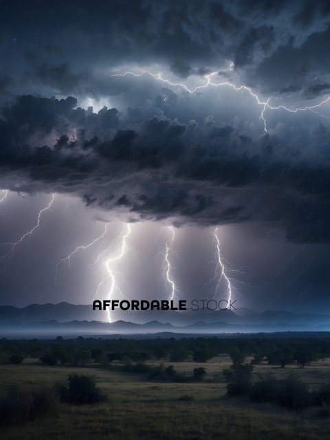 A stormy sky with lightning and a mountain range in the distance