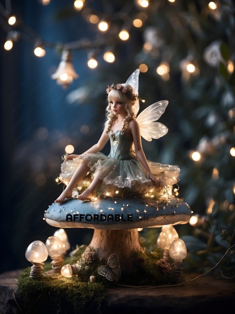 A fairy figurine sitting on a mushroom