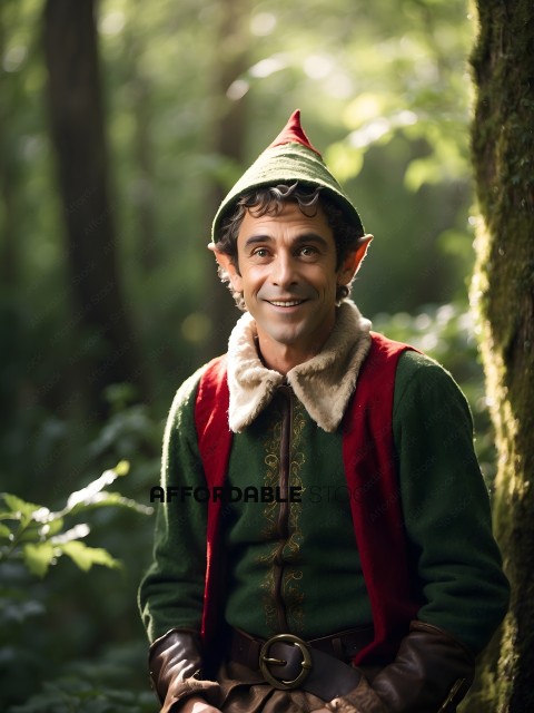 A man dressed as an elf smiles for the camera