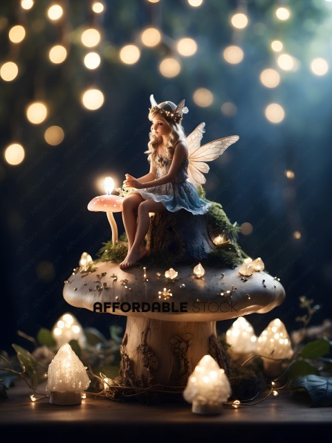 A fairy figurine sitting on a mushroom with a lit candle