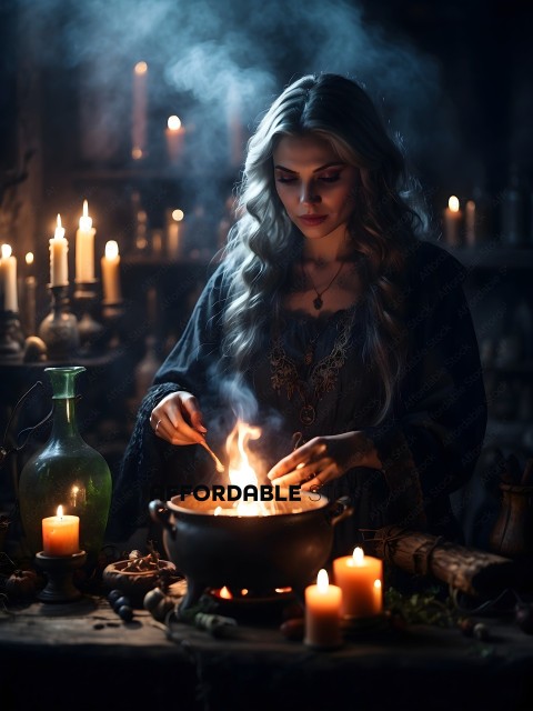 A woman in a candlelit room, stirring a pot of fire