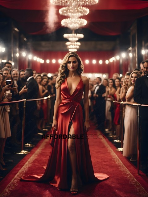 A woman in a red dress walks down a red carpet