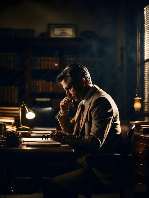 A man in a suit writing at a desk