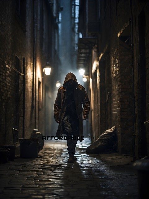 A man in a hooded jacket walks down a dark alley