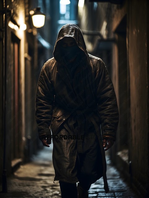 A man in a robe walks down a dark alley