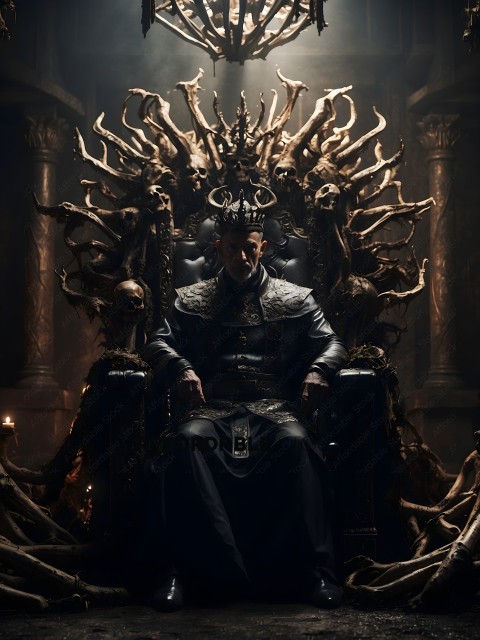 A man wearing a crown sits in a throne surrounded by skulls