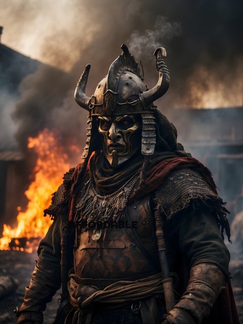 A man in a metal helmet and chain mail armor stands in front of a fire