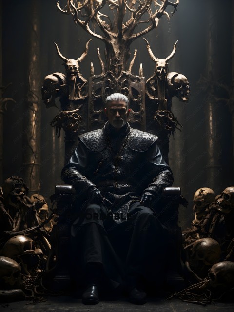 A man in a black robe sits on a throne surrounded by skeleton heads