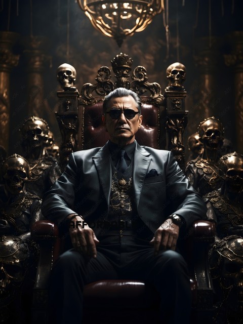 A man in a suit and sunglasses sits in a throne surrounded by skeleton statues