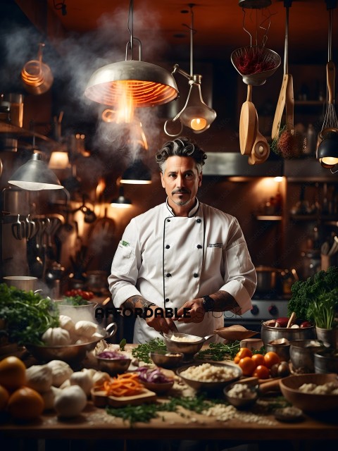 A chef in a kitchen with a lot of food