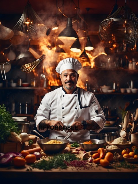 A chef in a kitchen with a fire in the background