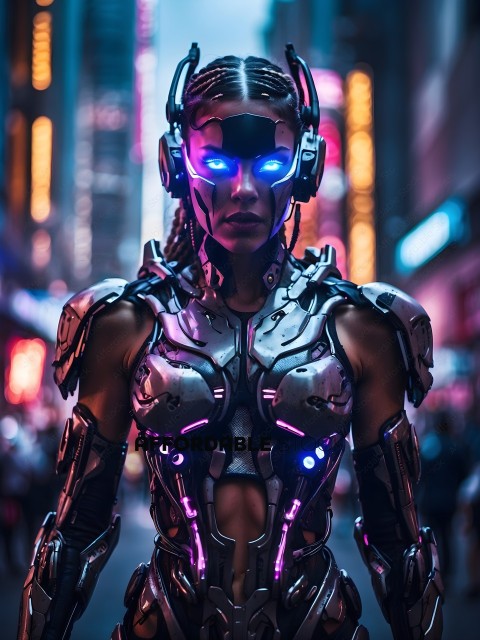 A futuristic woman wearing a silver outfit with blue lights