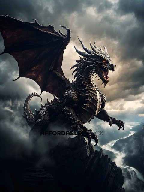 A dragon with a fiery mouth and wings