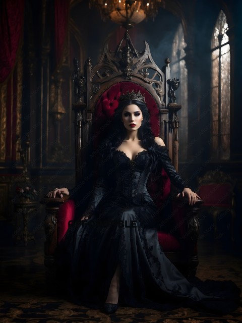 A woman in a black dress and crown sitting in a chair