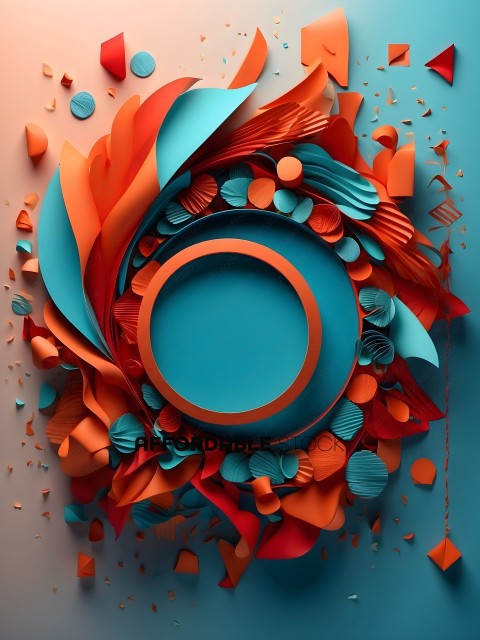 A colorful art piece with a blue center and orange and red accents