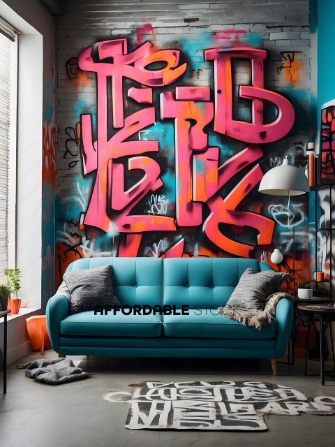A blue couch with graffiti on the wall behind it