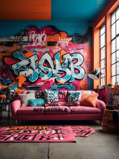 A Pink Couch with Graffiti on the Wall