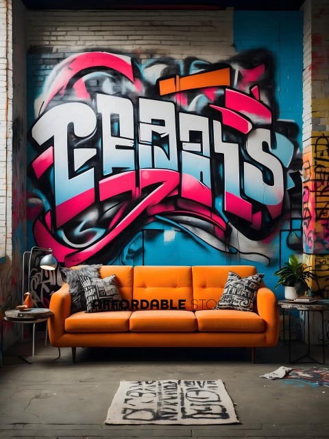 A modern orange couch in front of a graffiti wall