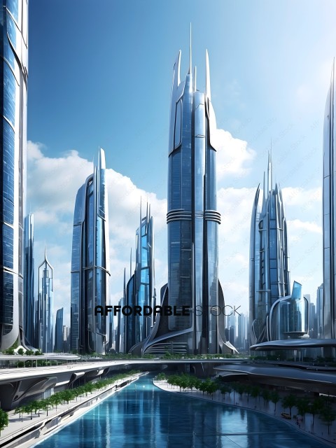 Futuristic Cityscape with Tall Skyscrapers and Water