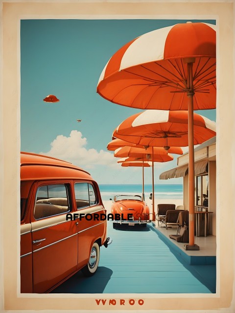 A vintage red car is parked in front of a beach with several umbrellas