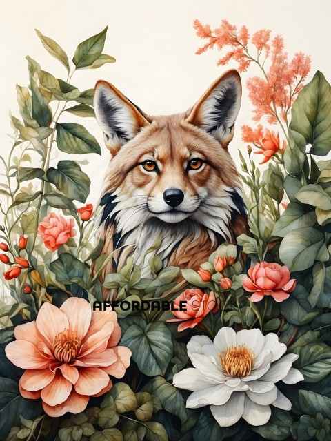 A watercolor painting of a fox surrounded by flowers